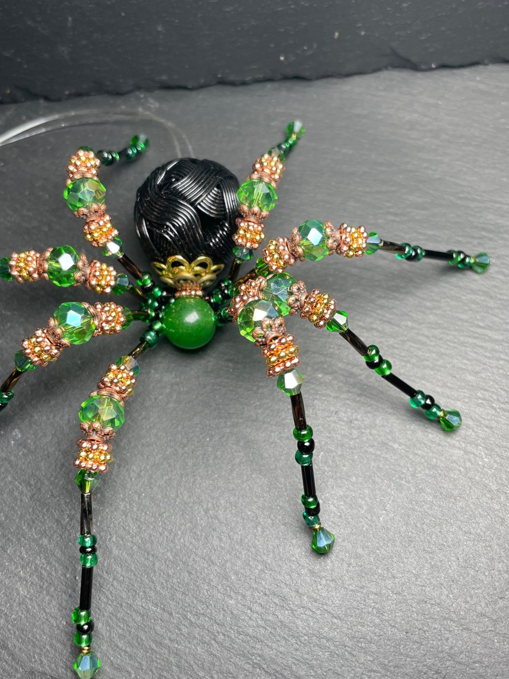 Artisan Made | Green Jade | Black Crystal Beaded Spider | Halloween Ornament - Picture 4 of 14